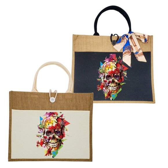 Custom Canvas Tote Bag, Large Size - Skulls Option #1 - Cream or Black Tote - Picture 1 of 14